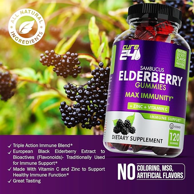 Sambucus Elderberry Gummies + Vitamin C + Zinc for Kids & Adults, X3 Immune Support, Natural Flavors + Ingredients, Vegan, Non-GMO, Made in USA (120)