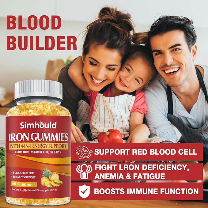 1 Pack Vegan 80MG Iron Supplement Gummies for Women & Men - Vitamin A, C, B for Adults & Kids - Blood & Builder & Energy Support for Iron Deficiency, Anemia - 60 Counts Pineapple Flavor Gummies