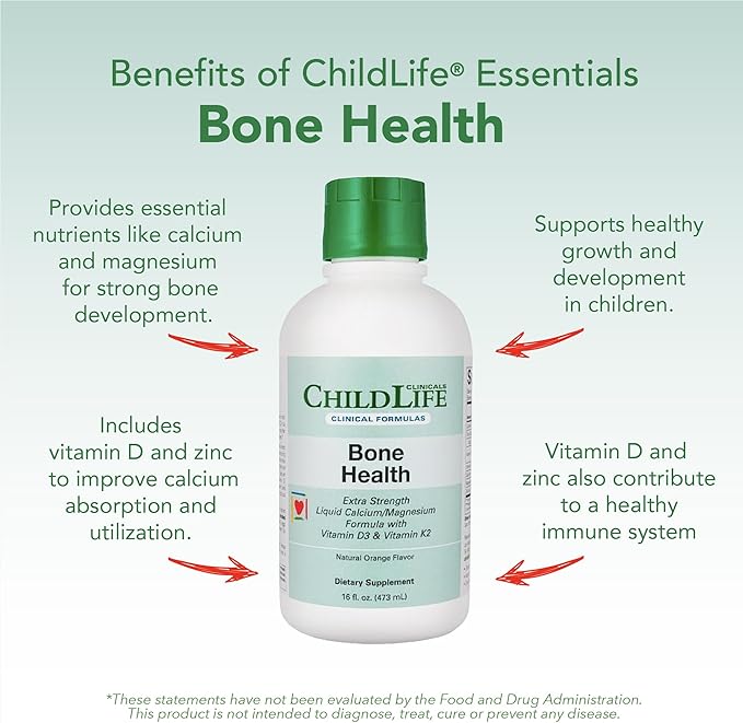 CHILDLIFE ESSENTIALS Clinicals Bone Health - Baby Liquid Calcium, Kids Calcium Liquid w/Magnesium, Zinc, Vitamin D3, for Babies 6 Months & Up, Toddlers, Children - Orange Flavor, 16 fl oz (1 Pack)