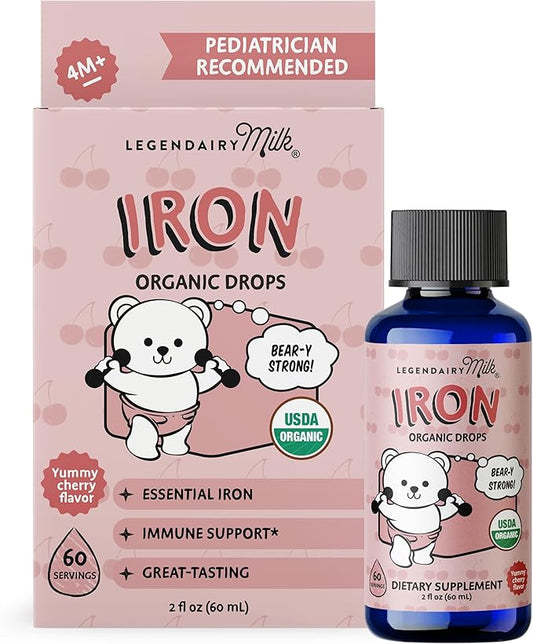 Legendairy Milk Organic Liquid Iron Supplements for Kids - Sugar Free Liquid Iron for Kids - for Ages 4 Months to 3 Years - Cherry Flavor, 60 Servings