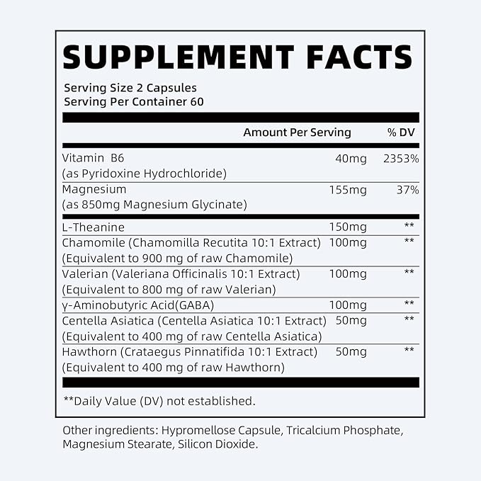 Magnesium Glycinate 850mg Capsules with L-Theanine, Chamomile & GABA for Sleep, Calmness, Muscle, Bone Health & Immune Support, Magnesium for Women and Men, Vegan, High-Absorption, 120 Count