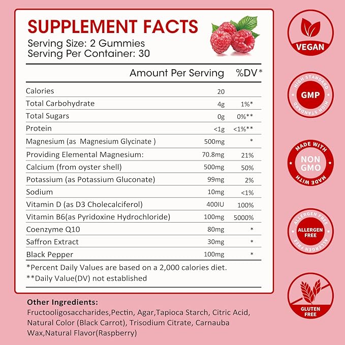Magnesium Glycinate Gummies 500mg, Chewable Magnesium Supplement with Vitamin D3, B6, CoQ10 for Relaxation, Sleep & Mood Support, Calm Magnesium Gummies - 60 Raspberry Gummies（2 Pack)