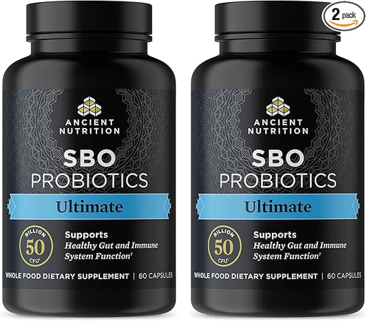 Ancient Nutrition Probiotics, SBO Probiotics Ultimate 50 Billion CFUs*/Serving, Digestive and Immune Support, Gluten Free, Ancient Superfoods Blend, Shrink-Wrapped 60 Capsules (2 Pack)