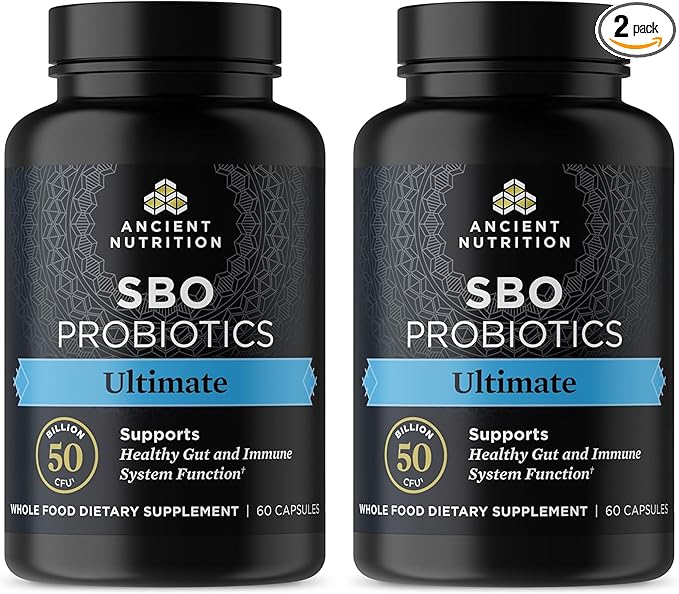 Ancient Nutrition Probiotics, SBO Probiotics Ultimate 50 Billion CFUs*/Serving, Digestive and Immune Support, Gluten Free, Ancient Superfoods Blend, Shrink-Wrapped 60 Capsules (2 Pack)