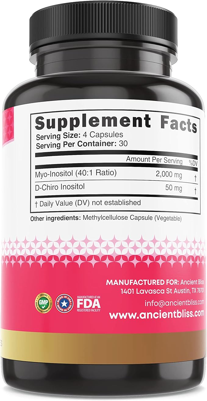 Ancient Bliss Myo & D-Chiro Inositol Supplement, 40 to 1 Ratio, Helps in Ovarian Function Support for Women, Vitamin B8 Helps to Regulate Menstrual Cycle, 2050mg per Serving, 120 Vegan Capsules