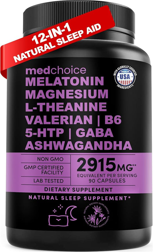 12-in-1 Melatonin Sleep Capsules - Natural Sleep Aids for Adults with Melatonin 5mg and Magnesium Glycinate 500mg, Sleep Aid with Ashwagandha, L Theanine, Valerian Root, GABA, 5-HTP (90ct, Pack of 1)