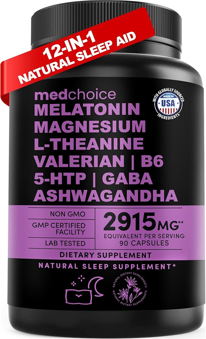 12-in-1 Melatonin Sleep Capsules - Natural Sleep Aids for Adults with Melatonin 5mg and Magnesium Glycinate 500mg, Sleep Aid with Ashwagandha, L Theanine, Valerian Root, GABA, 5-HTP (90ct, Pack of 1)