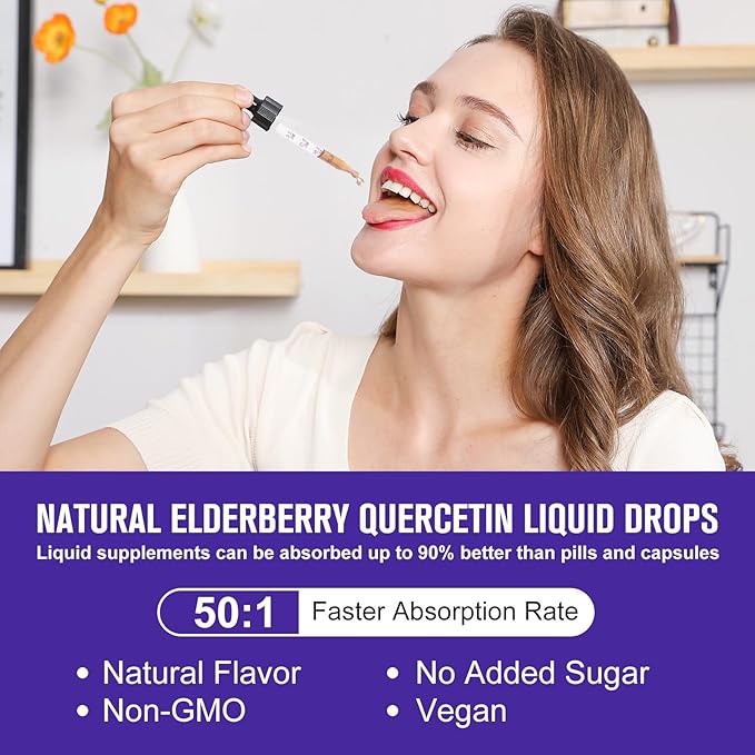 Elderberry Syrup | Quercetin Black Elderberry Liquid Drop with Quercetin, Panax Ginseng for Immune Support | Sambucus Elderberry with Vitamin C and Zinc, D3 | Vegan | Non-GMO | Original