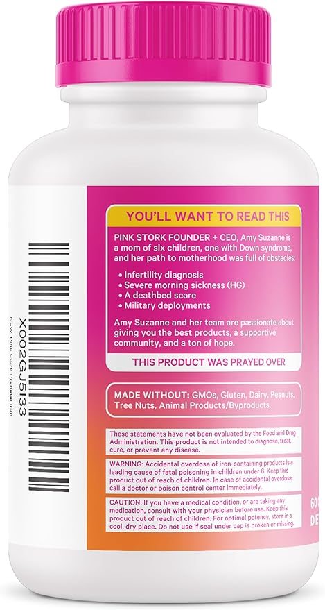 Pink Stork Prenatal Iron Supplement for Women - 18 mg Non-Constipating Iron & Vitamin C for Pregnancy, Postpartum, & Breastfeeding - Focus, Fatigue, & Blood Cell Production - 2 Month Supply