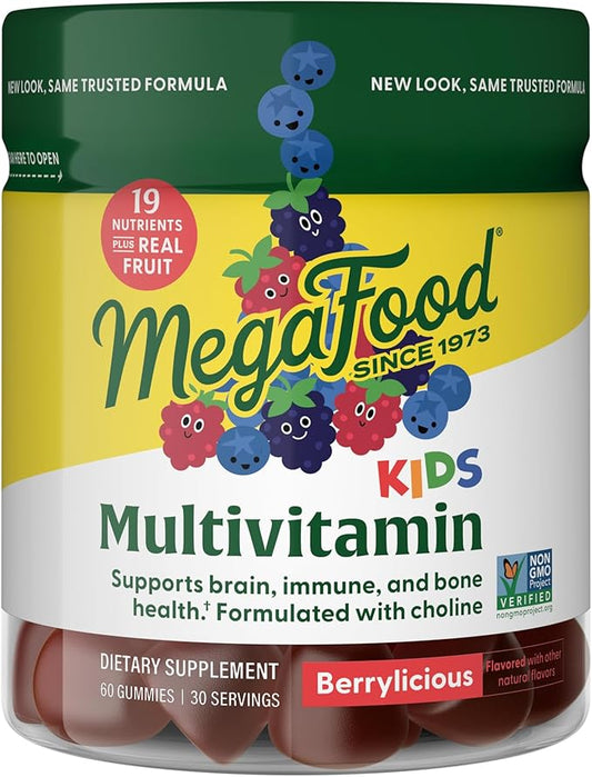 MegaFood Kids Multivitamin Gummies - Kids Vitamins - Age 4+ with Vitamin C, Vitamin D, Zinc, Choline, and Real Fruit - Brain & Immune Support - Berrylicious Flavor - 60 Gummies (30 Servings)