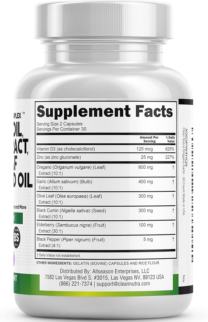 Clean Nutraceuticals Oregano Oil Garlic Extract Olive Leaf Black Seed Oil - Immune Support & Digestive Health Supplement for Women and Men with Vitamin D3 & Zinc - 2Pack