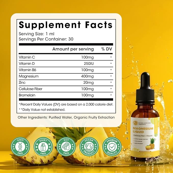 Magnesium Glycinate Liquid, High Absorption Magnesium Liquid Drops with Cellulose Fiber, Bromelain, Vitamin B6, C, D, Zinc, Magnesium Supplement for Kids and Adults, Pineapple Flavor, 1 Pack