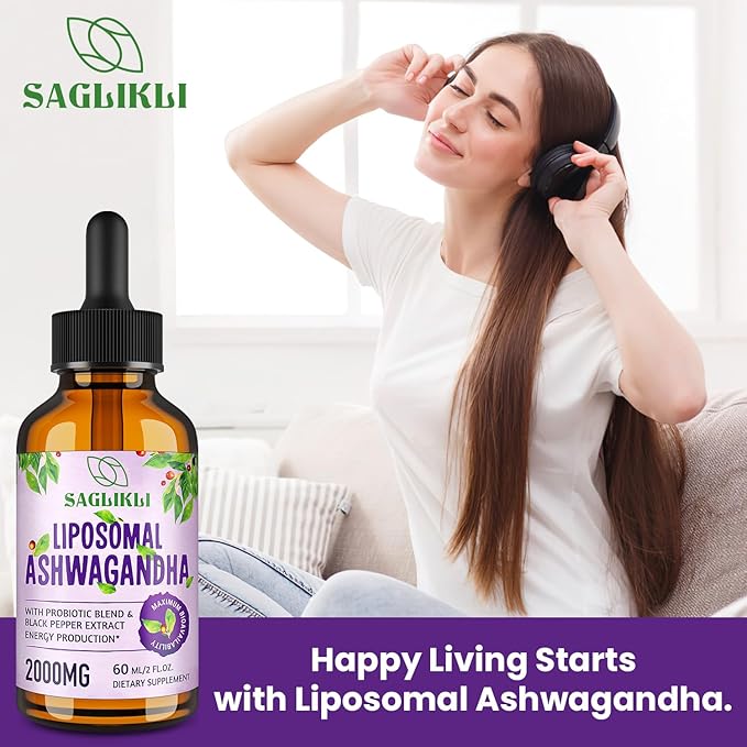Liposomal Ashwagandha Liquid Drops 2000mg, Ashwagandha Root Extract Supplement (7% Withanolides) with Black Pepper Extract & Probiotics for Focus, Cognition & Energy - 4 FL.OZ (2 Bottle)