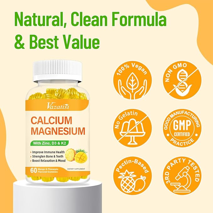 Calcium Magnesium Zinc Gummies with Vitamin D3 and K2, High Absorption Magnesium Glycinate Potassium for Immune and Calm Mood, Vegan Mango and Pineapple Flavor 120 Gummies