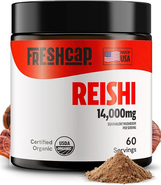 FreshCap Reishi Mushroom Powder 14,000mg - Organic Mushroom Extract Supplement Powder, Ayurveda Nootropic Red Reishi Supplement Blend (60 Servings)