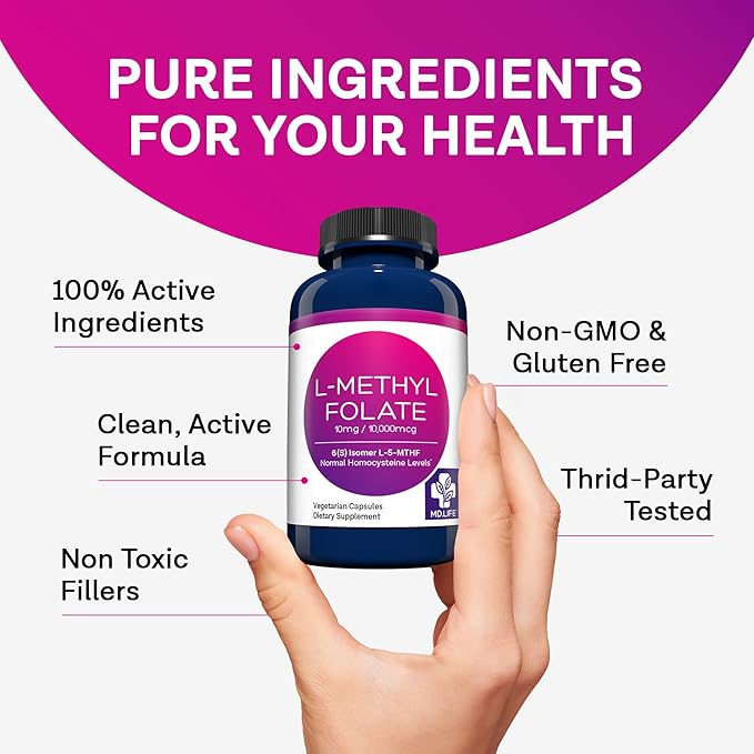 MD Life L-Methylfolate 10 mg - Professional-Grade Active Methylfolate Supplement - Maximum Potency MTHFR Supplements - L methylfolate 10mg 30 Capsules - Essential Amino Acids