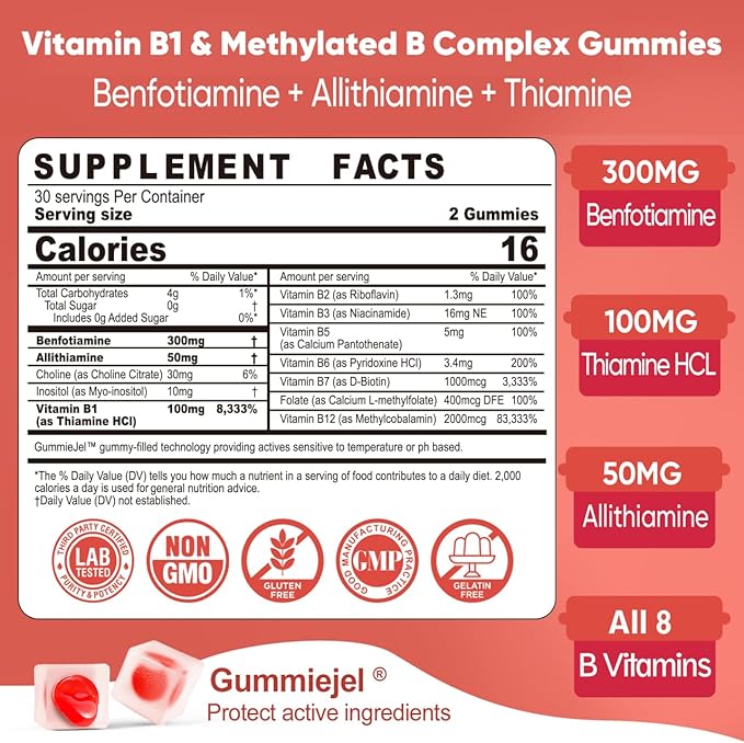 Vitamin B1 & Methylated Vitamin B Complex Gummies - All B Vitamins, Benfotiamine, Thiamine & Inositol, Methylated B1 B2 B6 Multivitamins, L-methylfolate, Methyl B12 for Nerve Cognition Energy, 60 Cts