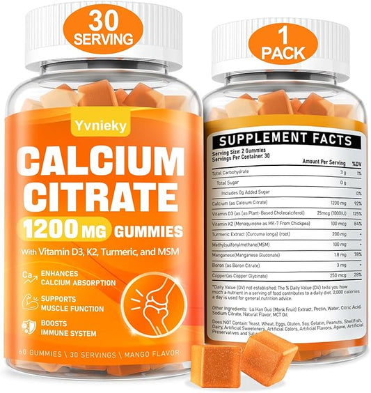 Calcium 1200 mg with Vitamin D3 Supplement Gummies for Adults - Calcium Citrate with Vitamin D3, K2, Turmeric, MSM for Women Men - Support Strength Muscle Immune - Sugar Free, Natural Mango Flavor