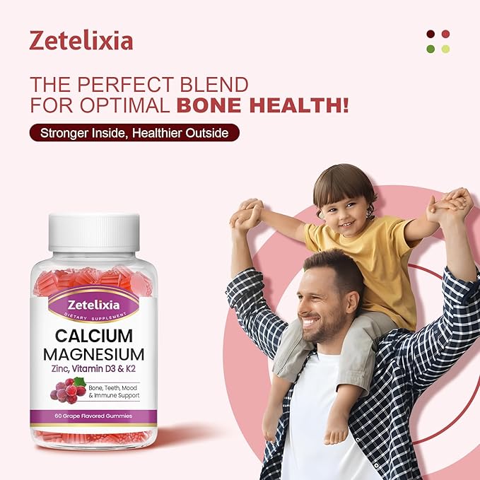 Calcium Gummies, Calcium Magnesium Zinc with Vitamin D3 & K2, Calcium Magnesium Supplement for B0nes Muscles, Grape Flavor - 60 Count