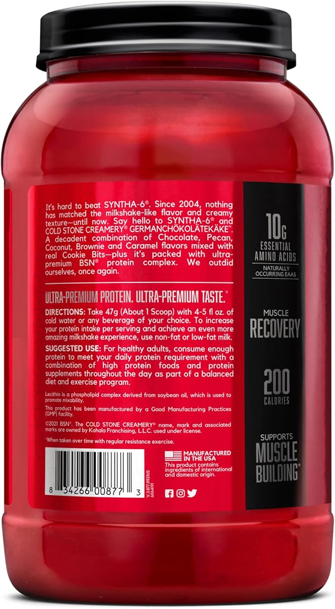 BSN Syntha-6 Whey Protein Powder, Cold Stone Creamery- Germanchökolätekäke Flavor, Micellar Casein, Milk Protein Isolate Powder, 25 Servings