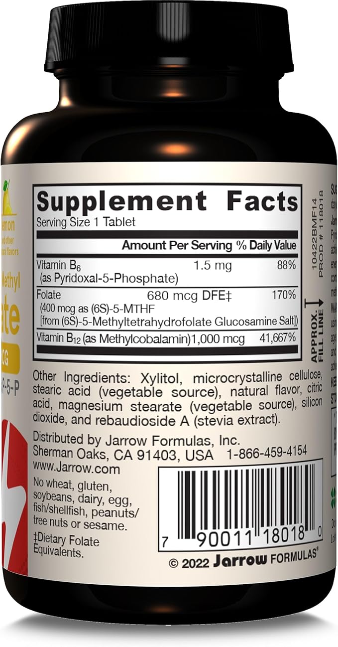 Jarrow Formulas Methyl B-12 1000MCG & Methyl Folate 400MCG,Extra Strength,Cellular Energy Metabolism & Cardiovascular Health Formula(1) With P-5-P,100Chewable Tabs,Up to a 100 Day Suppl,12Packs