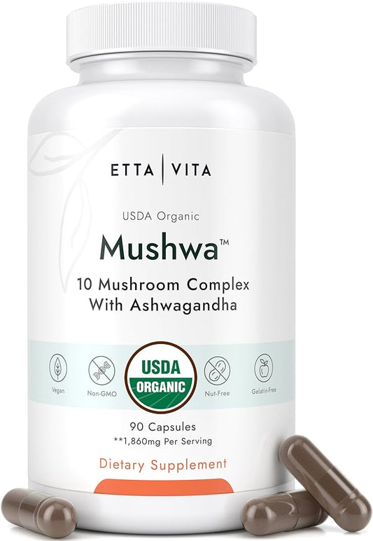 USDA Organic Lions Mane Supplement Capsules with Ashwagandha, Chaga, Reishi, Cordyceps, Turkey Tail (18,600mg/serv) 10x Adaptogenic Mushroom Complex as Focus Supplement - Energy, Immunity & Nootropic