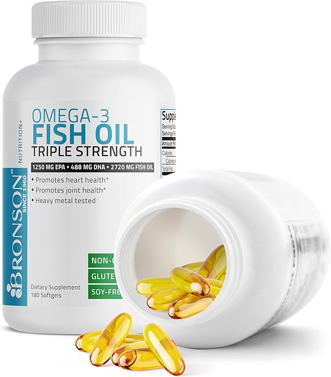 Bronson Omega 3 Fish Oil Triple Strength 2720 mg, High EPA 1250 mg DHA 488 mg, Non-GMO Heavy Metal Tested, 180 Softgels