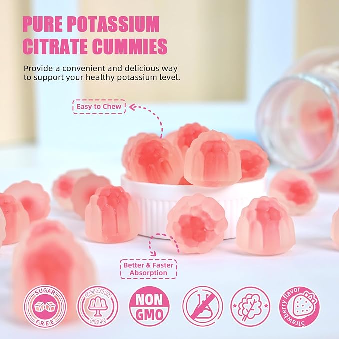 Potassium Citrate Gummies for Adults Men Women - High Potassium Supplement 500 MG Sugar Free Support Electrolyte Balance Leg Cramps Vegan Non-GMO Organic Strawberry Flavor 2 Packs