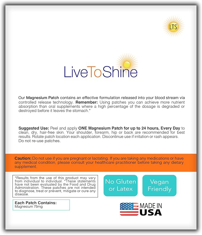 Magnesium Patches for Men and Women - Sleep Support & Relaxation, Muscle Recovery, Nerve Function - USA Made - 30 Premium Fast-Acting, Slow-Release Patches - Live To Shine