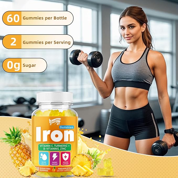 2 Pack Iron Gummies with Multivitamin for Adults & Kids – Packed with Vitamin B6, B12, C, Zinc, and Folate – for Blood Health & Energy Boost – Pineapple Flavor, Vegan-Friendly, 120 Gummies