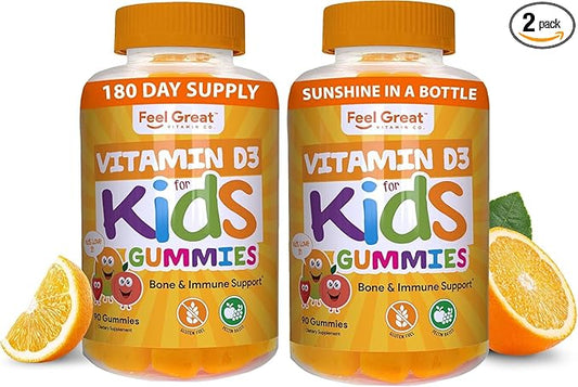 Feel Great Kids Vitamin D3 1000 IU Gummies (2-Pack) | Kids Vitamin D Gummies for Healthy Bones, Mood, & Immune Support | Citrus Flavored Vegetarian D3 Gummies