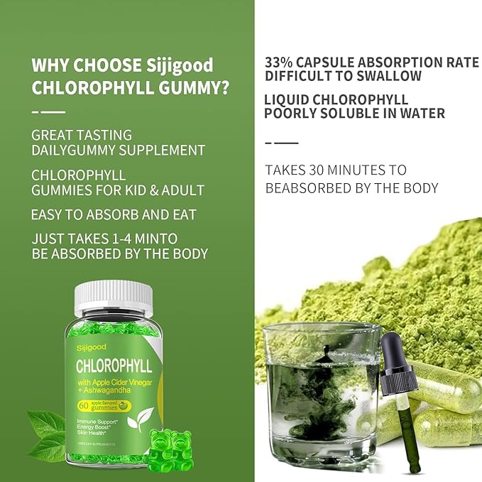 Chlorophyll Gummies with Black Seed Oil, Moringa, Probiotic for Body Odor, Digestion, Skin, Hair, and Immunity Support - Adults Kids Women Men, 60 Apple Flavored Gummies