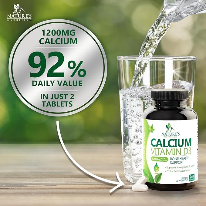 Calcium Supplement with Vitamin D - 1200 mg Calcium Carbonate with 1600 IU of D3 Vitamins - Supports Bone Strength, Teeth & Immune System - Natural & Easily Absorbable for Women & Men - 240 Tablets