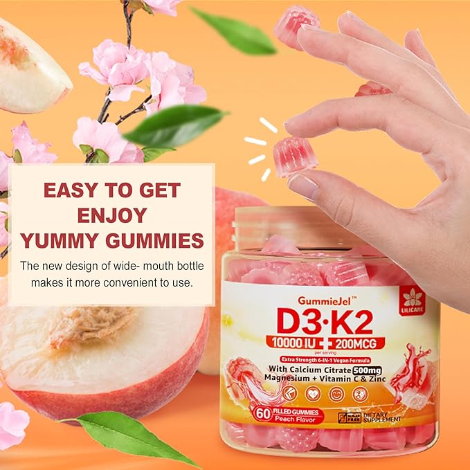 Vitamin D3 K2 Filled Gummies 5000IU / 10,000 IU with 500mg Calcium + K2(MK-7) 200mcg, Magnesium, Vitamin C & Zinc, Extra Strength - Ultimate Absorbency for Bones Muscles Teeth, Vegan -- Pack of 2