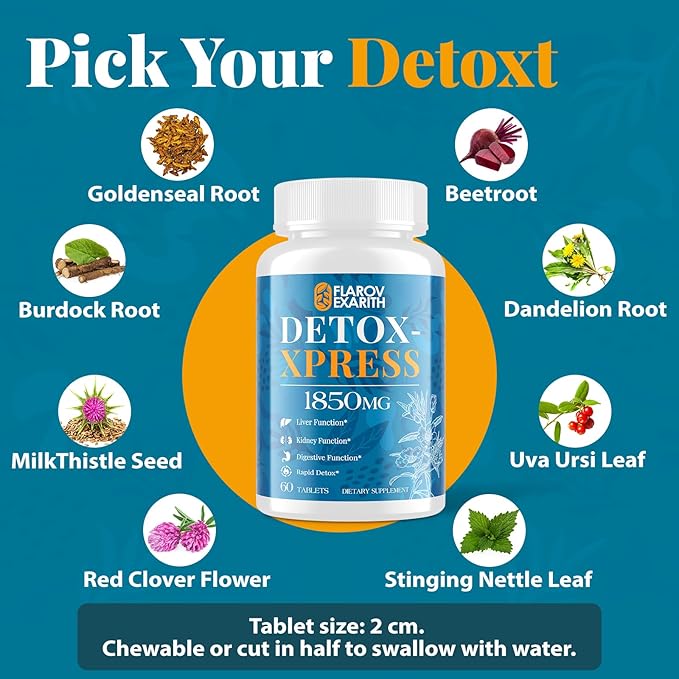 Liver Kidney Cleanse Detox & Repair, Milk Thistle Supplement, Natural Herbal Formula,Body Detox for Women & Men, Toxin Flush Max Absorption Liver Cleanser,Digestion Balance & Mood,60 Chewable Tablets