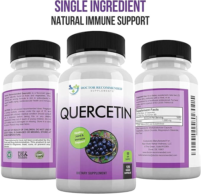DOCTOR RECOMMENDED SUPPLEMENTS Quercetin 1000mg Per Serving - 120 Veggie Capsules, Vitamin Supplement, 60 Day Supply, (Vegan and Non-GMO)