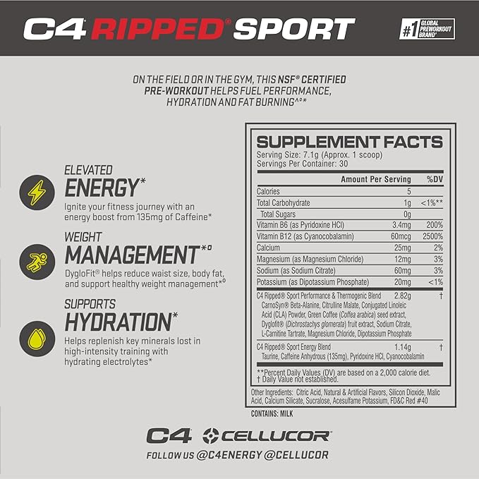 Cellucor C4 Ripped Sport Pre Workout Powder Fruit Punch - NSF Certified for Sport + Sugar Free Preworkout Energy Supplement for Men & Women | 135mg Caffeine | 30 Servings
