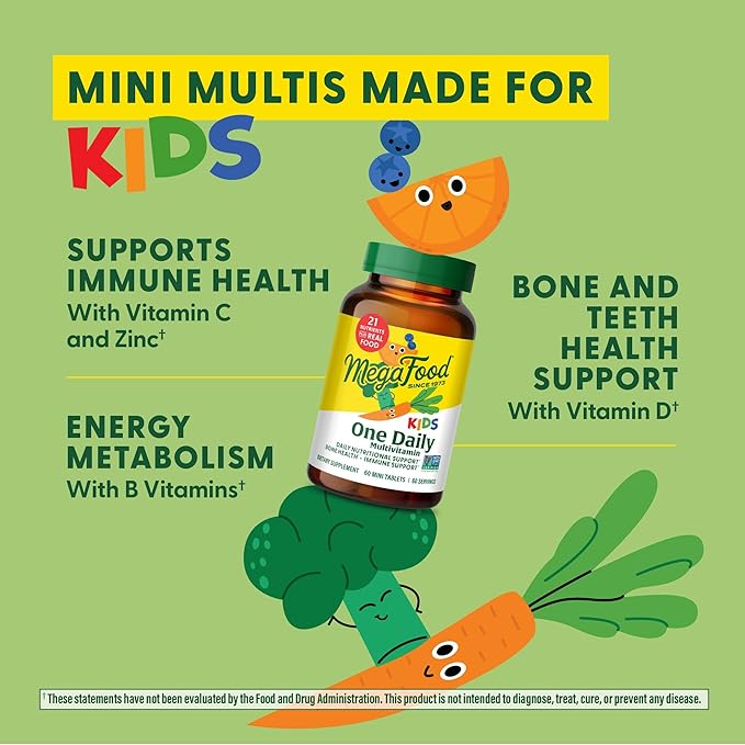 MegaFood Kids One Daily Multivitamin - Convenient Mini Multivitamin For Kids - Kids Vitamins With Zinc, Vitamin C, B Vitamins & Vitamin D - Vegetarian, Gluten Free, Non GMO - 30 Tablets, 30 Servings