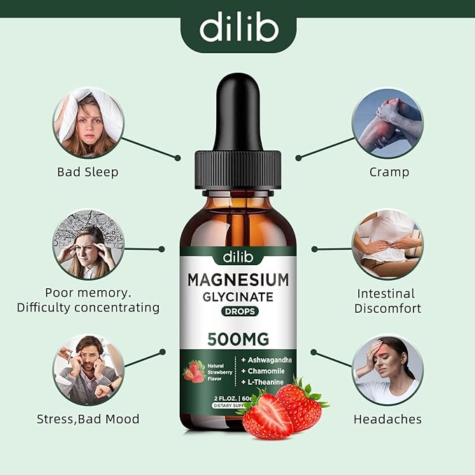 Magnesium Glycinate Supplement, Magnesium Liquid Drops with Magnesium Glycinate 500mg Ashwagandha, L - Theanine, Chamomile -Support Stress Relief, Bone, Muscle, Mood Vegan Natural Strawberry Flavor