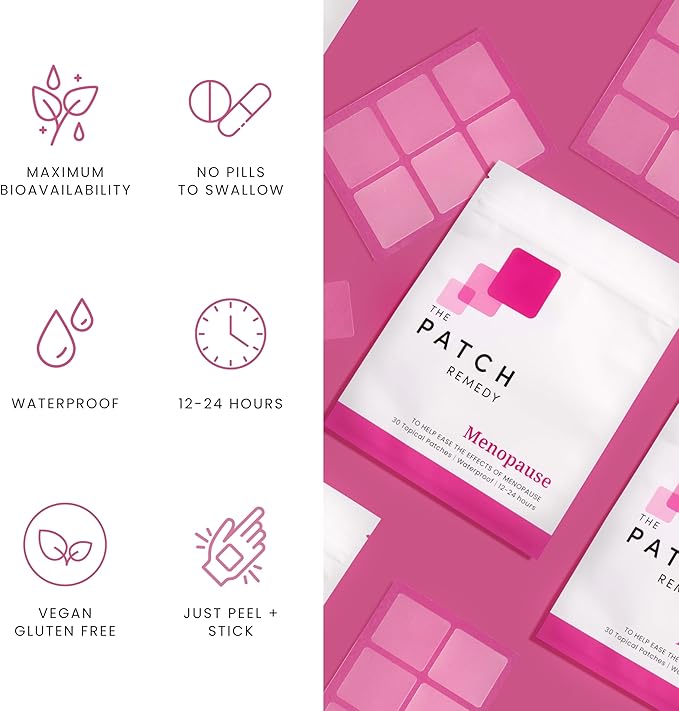 Menopause Patches - 30 Topical Menopause Relief for Women, Natural Hot Flash, Mood Support with Transdermal Gotu Kola, Damiana, Black Cohosh, Valerian, Skull Cap, Oat Seed, Ginger