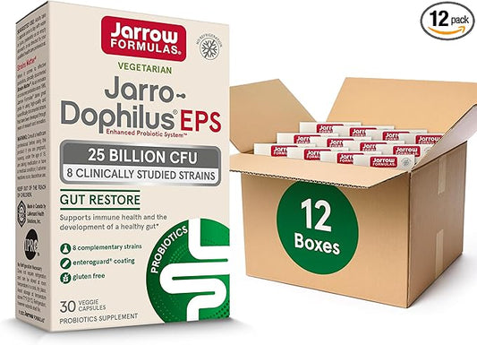 Jarrow Formulas Jarro-Dophilus EPS Gut Restore Probiotics 25 Billion CFU With 8 Clinically-Studied Strains, Dietary Supplement for Intestinal and Immune Support, 30 Veggie Capsules, 30 Day Supply