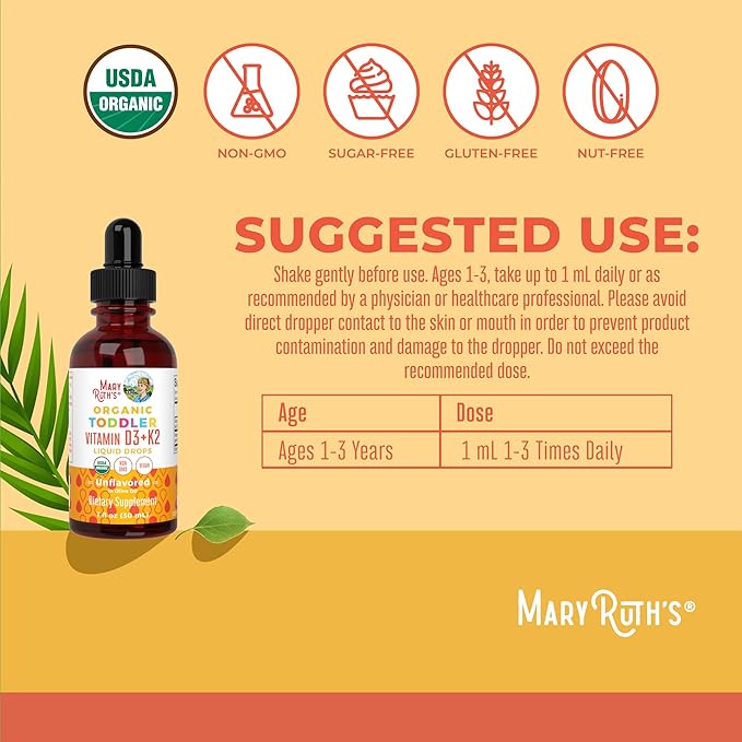 MaryRuth Organics Vitamin D3 | Vitamin K2 | Vitamin D3 K2 Drops | K2 D3 Vitamin Liquid Supplement for Toddlers | Kids Supplement for Calcium Absorption Strong Bones | Vegan | Gluten Free | 1 Fl Oz