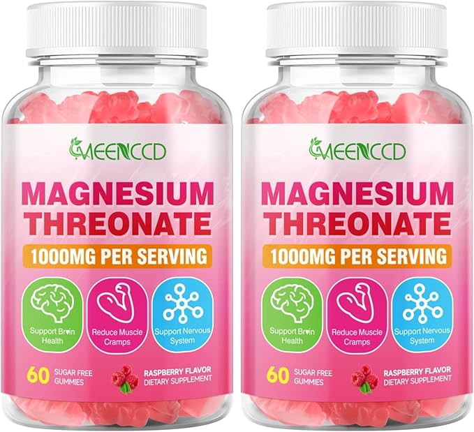 2 Pack Magnesium Threonate Gummies 1000mg, Magnesium L-Threonate Supplement for Kids & Adults, Muscle & Nervous System Support, Non-GMO, Sugar-Free, Raspberry Flavor, 120 Count