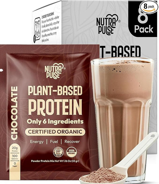 Organic Vegan Protein Powder Sample Pack - Plant-Based Protein, Gluten-Free, Non GMO, 20g Protein Per Serving, Great for Smoothies & Shakes (Chocolate, Pack of 8)