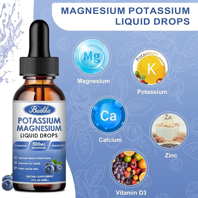 Potassium Magnesium Liquid Drops Supplement with Potassium, Magnesium,Calcium, Vitamin D3, Zinc, for Leg Cramps, Energy, Metabolism, for Adult and Kid,Sugar Free