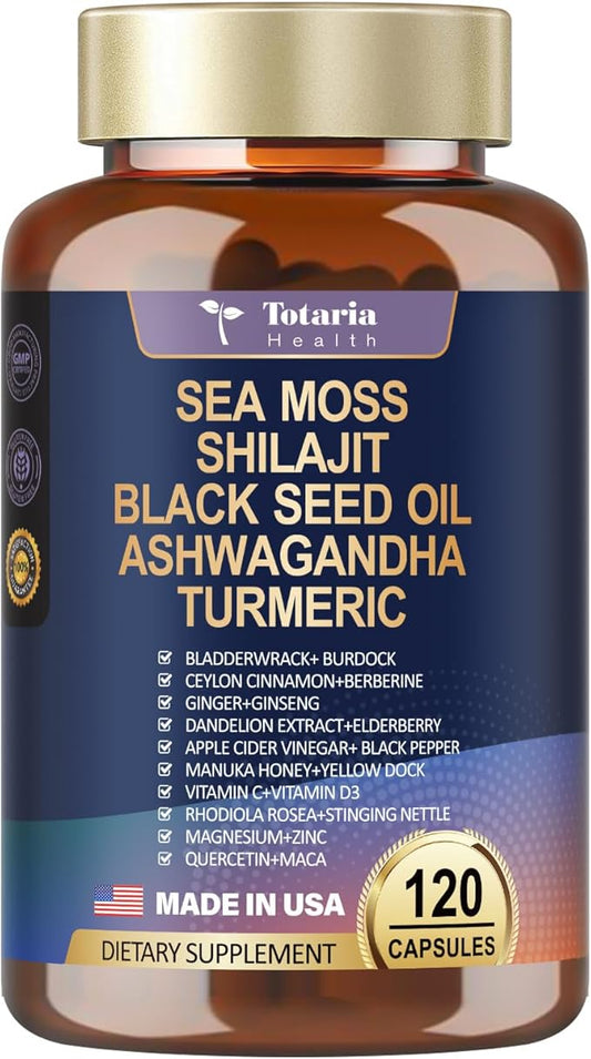 25-in-1 Sea Moss Black Seed Oil Ashwagandha Ginger Shilajit Supplement, Sea Moss Capsules with Bladder Burdock Ceylon Cinnamon Berberine ACV Manuka VIT C & D3, 120 Caps