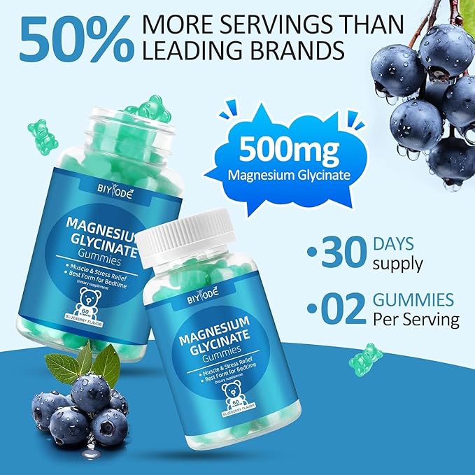 Magnesium Glycinate Gummies 500mg, Sugar-Free for Adults & Kids, Magnesium Gummies for Sleep, Stress & Muscle Relief, Supports Bone & Nerve Health, Vegan, Pectin-Based, 60 Count, Blueberry Flavor