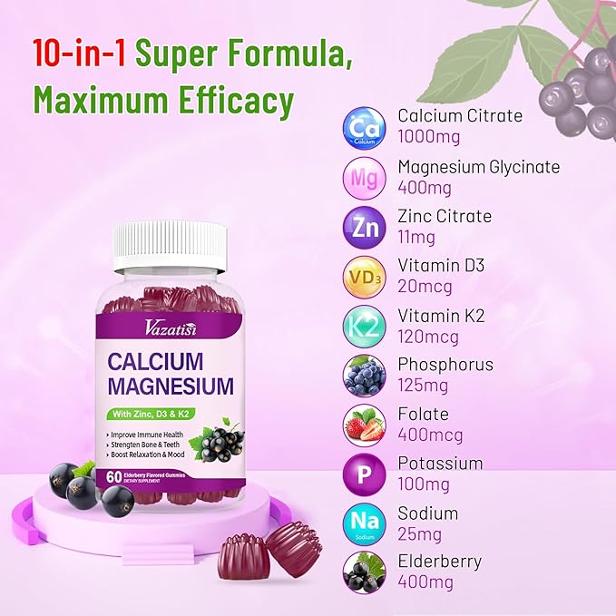 Calcium Magnesium Zinc Gummies with Vitamin D3 and K2, High Absorption Magnesium Glycinate Potassium for Immune and Muscles, Vegan Elderberry Flavor 60 Gummies