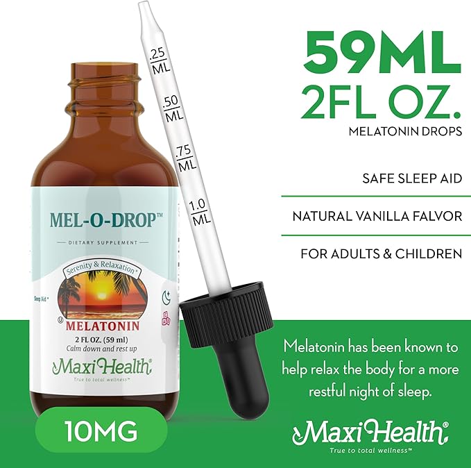 Maxi-Health Liquid Melatonin Drops for Kids - 2 Fl Oz 177 Servings With Dropper - Natural Sleep Aid Supplement for Children And Teens - Helps Fall Asleep Faster And Stay Sleeping Longer