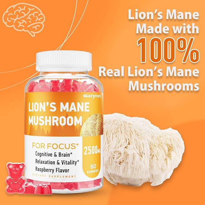 Lions Mane Gummies, Organic Lion's Mane, Lions Mane Gummies for Adults, with Ashwagandha & Alpha GPC, Cortisol Supplements for Women & Men, 60 Counts